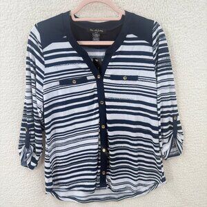 Elie McCarthy Petite Womens Blouse White & Blue Striped 4/3 sleeve  Roll Tab